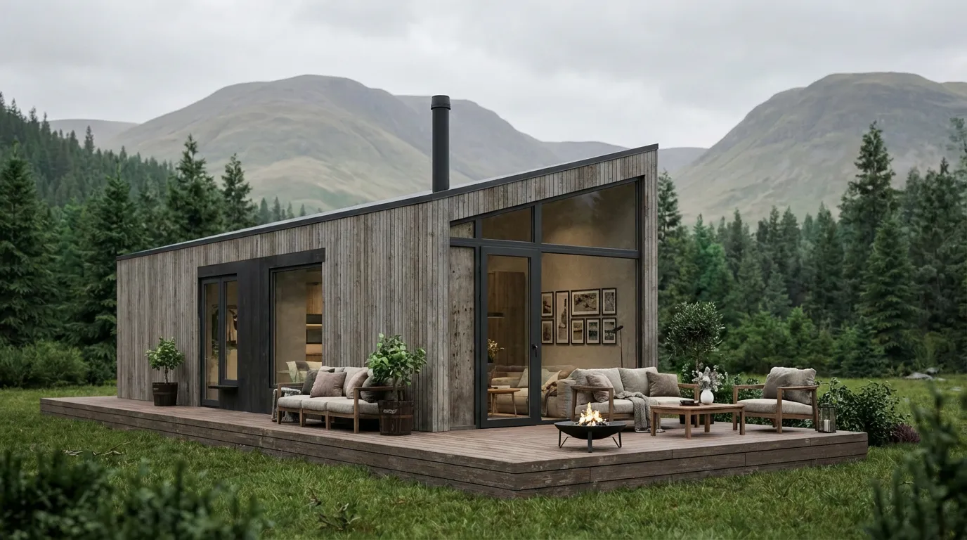 Frittstående minihus for hoteller med vertikal trekledning, stor glassvegg og terrasse med utemøbler, omgitt av skog og grønt landskap